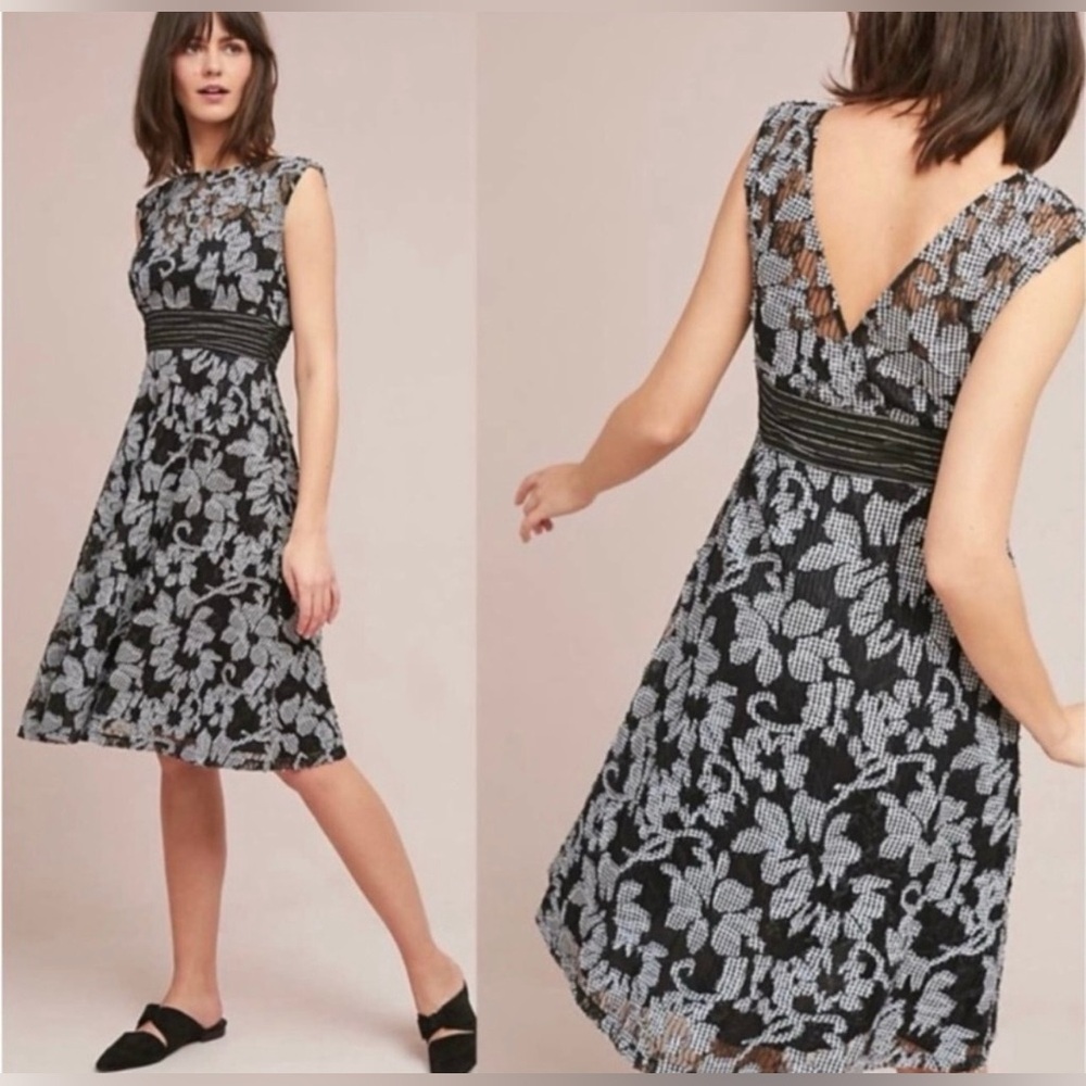 Anthropologie ett:twa Women’s Sommer Floral Lace Gingham Black White Dress Sz 4
